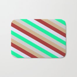 [ Thumbnail: Vibrant Green, Light Gray, Tan, Brown, and Lavender Colored Lines Pattern Bath Mat ]