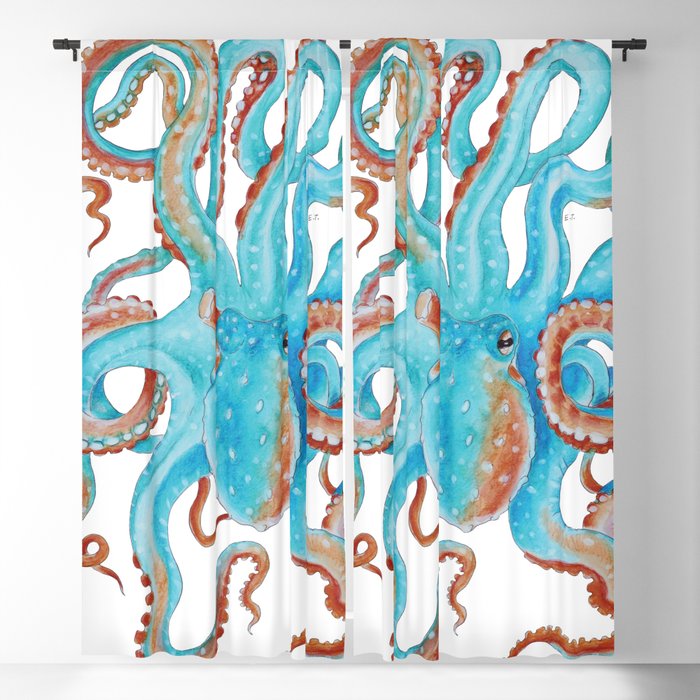 Octopus Light Blue Red Tentacles Watercolor Blackout Curtain