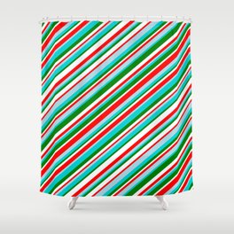 [ Thumbnail: Vibrant Red, Light Blue, Dark Turquoise, Green & White Colored Striped Pattern Shower Curtain ]