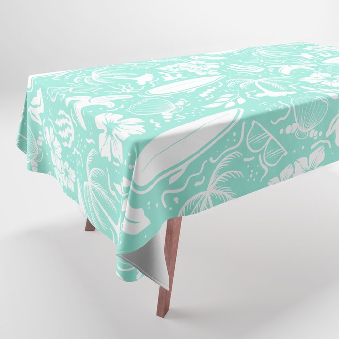Mint Blue and White Surfing Summer Beach Objects Seamless Pattern Tablecloth