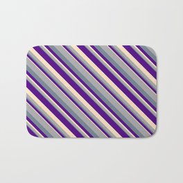 [ Thumbnail: Dark Gray, Slate Gray, Indigo, and Bisque Colored Stripes Pattern Bath Mat ]
