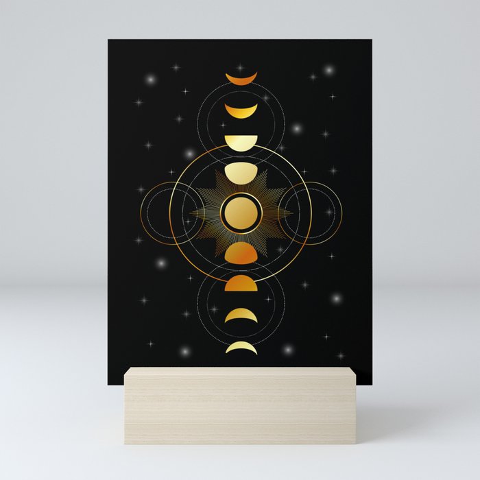 Celestial Moon phases stars and galaxy in gold Mini Art Print