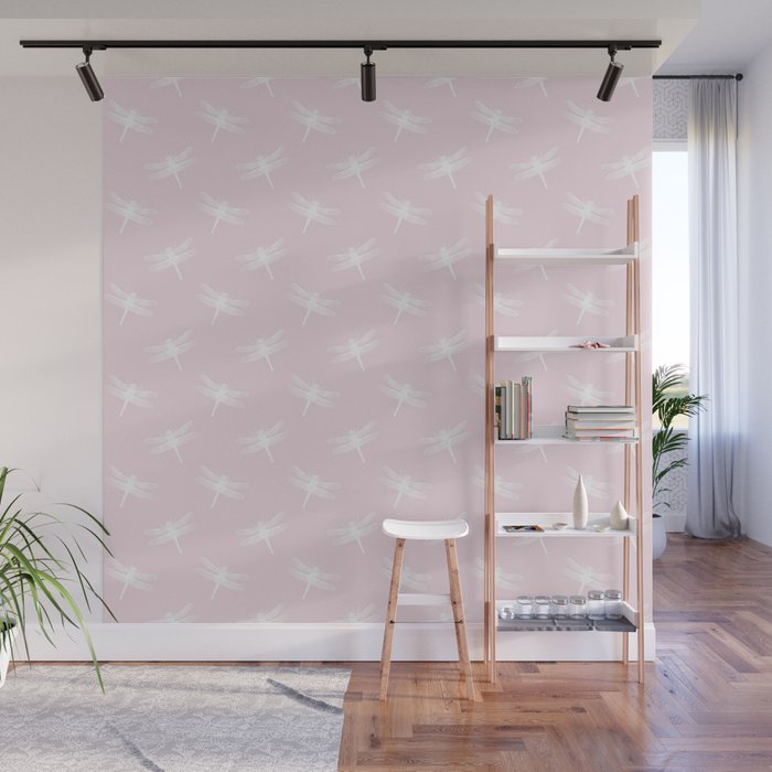 Light Pink & White Dragonfly Pattern Wall Mural