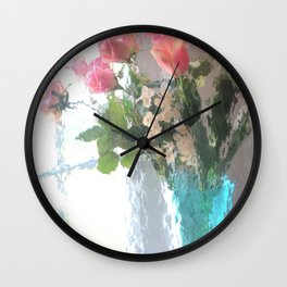 Impressionistic French Aqua Coral Pink Roses Tulips Floral Decor Wall Clock