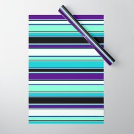 [ Thumbnail: Mint Cream, Dark Turquoise, Indigo, Aquamarine, and Black Colored Striped/Lined Pattern Wrapping Paper ]