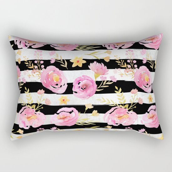 Delicate Poppy Pattern On Stripes Rectangular Pillow