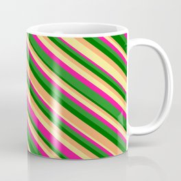 [ Thumbnail: Dark Green, Brown, Tan, Deep Pink, and Forest Green Colored Lines/Stripes Pattern Coffee Mug ]