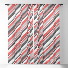 [ Thumbnail: Red, Dark Grey, Black, and Mint Cream Colored Lined Pattern Sheer Curtain ]