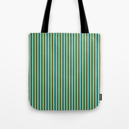 [ Thumbnail: Pale Goldenrod, Deep Sky Blue, Sienna & Dark Green Colored Lined/Striped Pattern Tote Bag ]