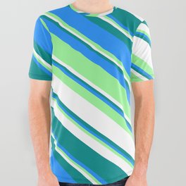 [ Thumbnail: Dark Cyan, Blue, Green & White Colored Striped Pattern All Over Graphic Tee ]