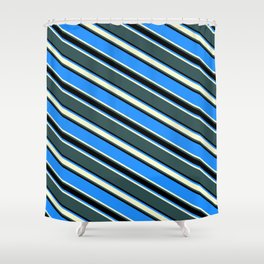 [ Thumbnail: Blue, Light Yellow, Dark Slate Gray & Black Colored Striped/Lined Pattern Shower Curtain ]
