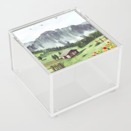 Green Nature Landscape With House And Mountain Watercolor Acrylic Box