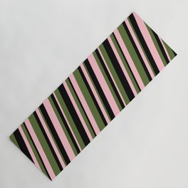 [ Thumbnail: Pink, Dark Olive Green & Black Colored Stripes Pattern Yoga Mat ]
