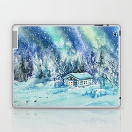 Magical Log Cabin Snowy Northern Lights Forest Landscape Laptop Skin