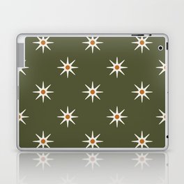 Atomic mid century retro star flower pattern in olive green background Laptop Skin