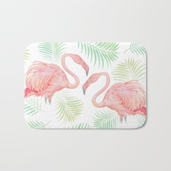 Flamingo Watercolour | Tropical Print | Palm Tree Leaves Bath Mat