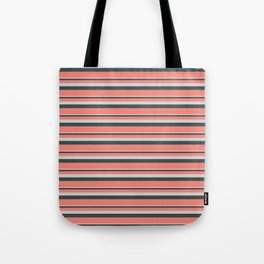 [ Thumbnail: Light Grey, Dark Slate Gray & Salmon Colored Stripes/Lines Pattern Tote Bag ]