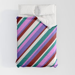 [ Thumbnail: Vibrant Teal, Violet, Slate Blue, Maroon & White Colored Pattern of Stripes Comforter ]