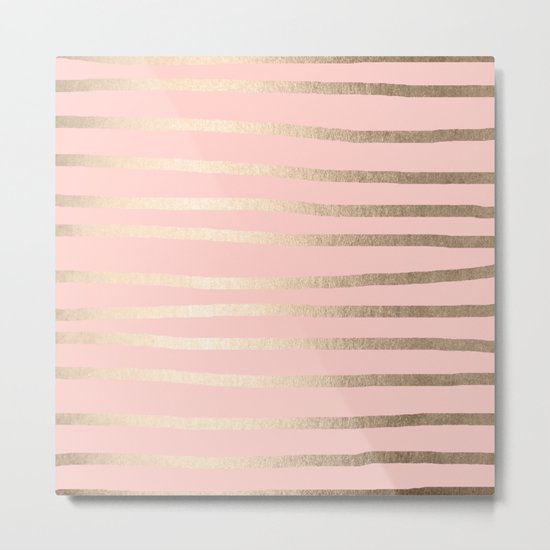 Abstract Drawn Stripes Gold Coral Light Pink Metal Print