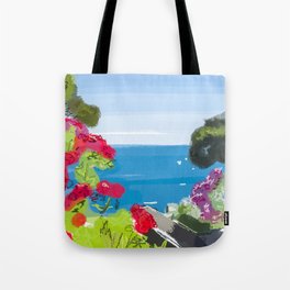 Beautiful terrace view of the sea and flower gardens in Ravello, Amalfi Coast in Italy Tote Bag