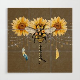 Queen Bee Boho Sunflowers Feathers Design Wood Wall Art