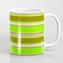 [ Thumbnail: Chartreuse, Pale Goldenrod, Green & Tan Colored Pattern of Stripes Coffee Mug ]