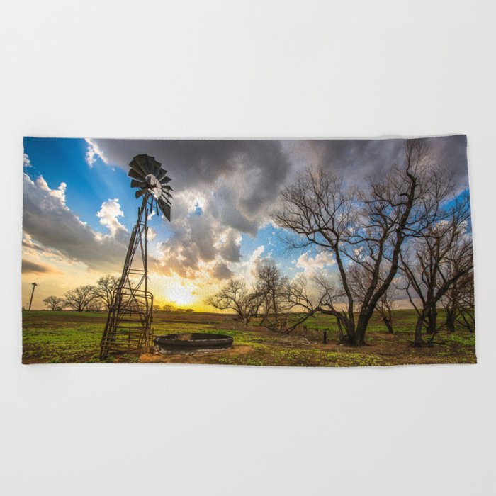 Twilight - Windmill and Trees and Sunset in Southern Kansas Beach Towel