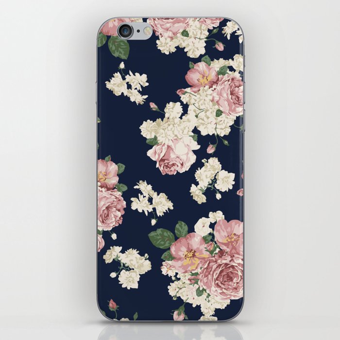 Pink Roses on dark blue pattern iPhone Skin