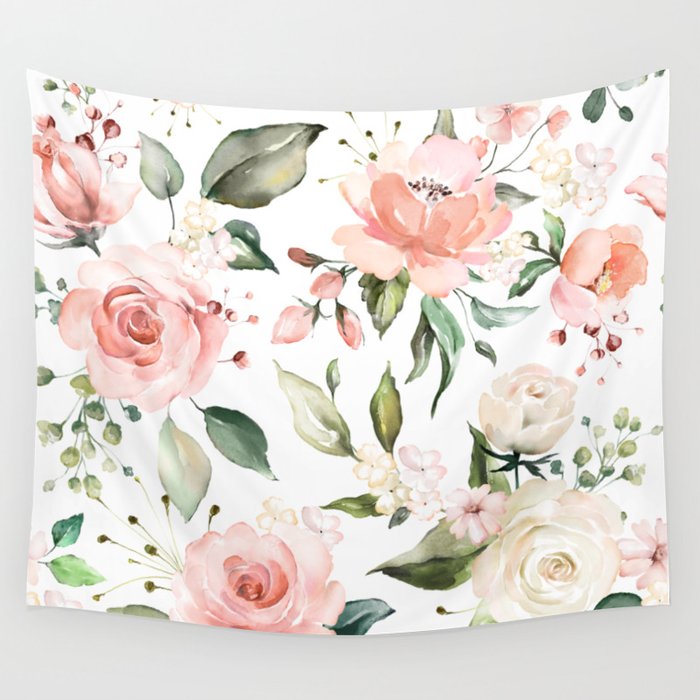 Watercolor Pink Peonies, Pink and White Roses and Greenery Wall Tapestry