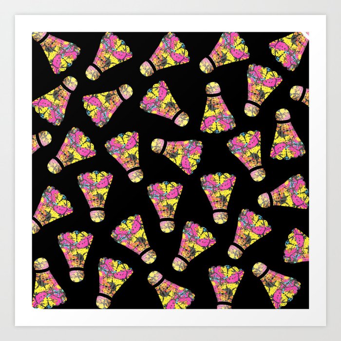 Pink Aqua Yellow and Black color Colorful Painted Art Badminton Shuttlecock Pattern Art Print