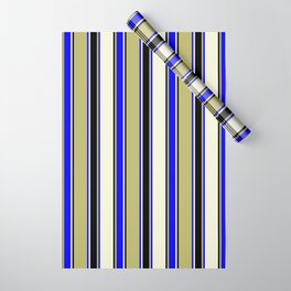 [ Thumbnail: Dark Khaki, Blue, Beige, and Black Colored Stripes/Lines Pattern Wrapping Paper ]