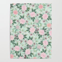 Elegant Green Pink Floral Watercolor Painting Poster