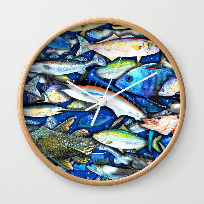 DEEP SALTWATER FISHING COLLAGE Wall Clock by Gloria Sanchez Artist