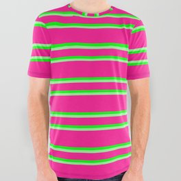 [ Thumbnail: Deep Pink, Lime & Green Colored Pattern of Stripes All Over Graphic Tee ]