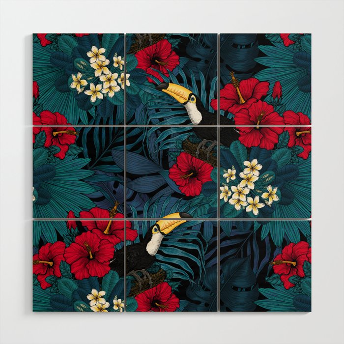 Toucans and tropical flora, green and red Wood Wall Art