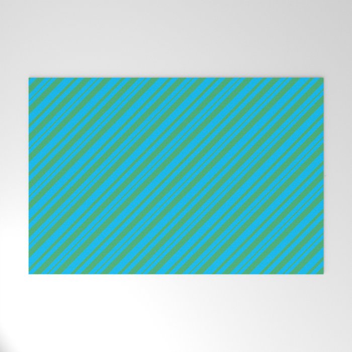 Deep Sky Blue & Sea Green Colored Stripes Pattern Welcome Mat