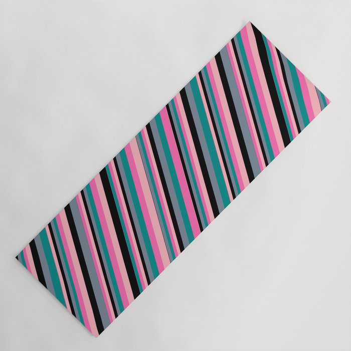 Light Slate Gray, Dark Cyan, Hot Pink, Light Pink, and Black Colored Striped/Lined Pattern Yoga Mat