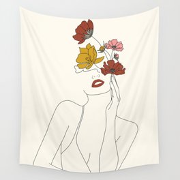 Colorful Thoughts Minimal Line Art Woman with Flowers Wall Tapestry