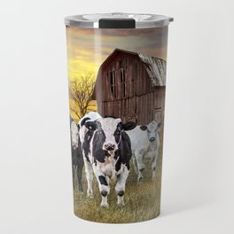 Cattle in the Midwest with Barn and Tractor at Sunset Travel Mug