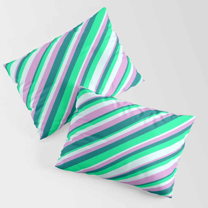 Plum, Teal, Green & Light Cyan Colored Striped Pattern Pillow Sham