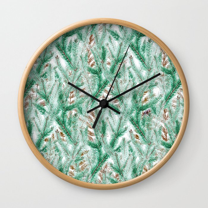 Green brown watercolor hand painted pine leaves floral Wall Clock