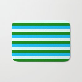 [ Thumbnail: Deep Sky Blue, Light Cyan, and Green Lined Pattern Bath Mat ]