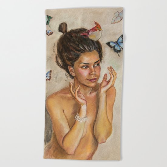 Girl with butterflies Beach Towel