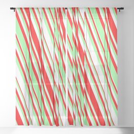 [ Thumbnail: Red, Green & White Colored Striped/Lined Pattern Sheer Curtain ]