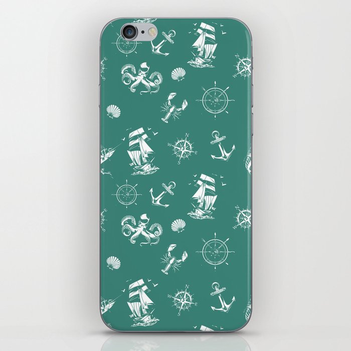 Green Blue And White Silhouettes Of Vintage Nautical Pattern iPhone Skin