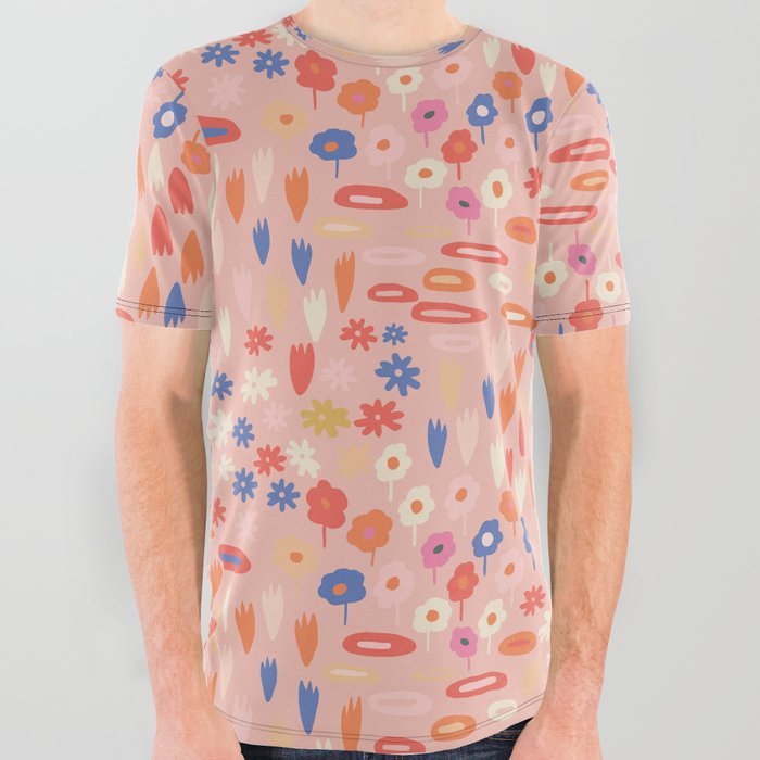 Meadow - Spring Floral Abstract Pattern Pink All Over Graphic Tee