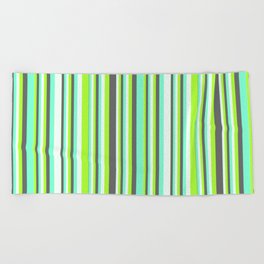 [ Thumbnail: Light Green, Dim Grey, Aquamarine, and Mint Cream Colored Stripes Pattern Beach Towel ]