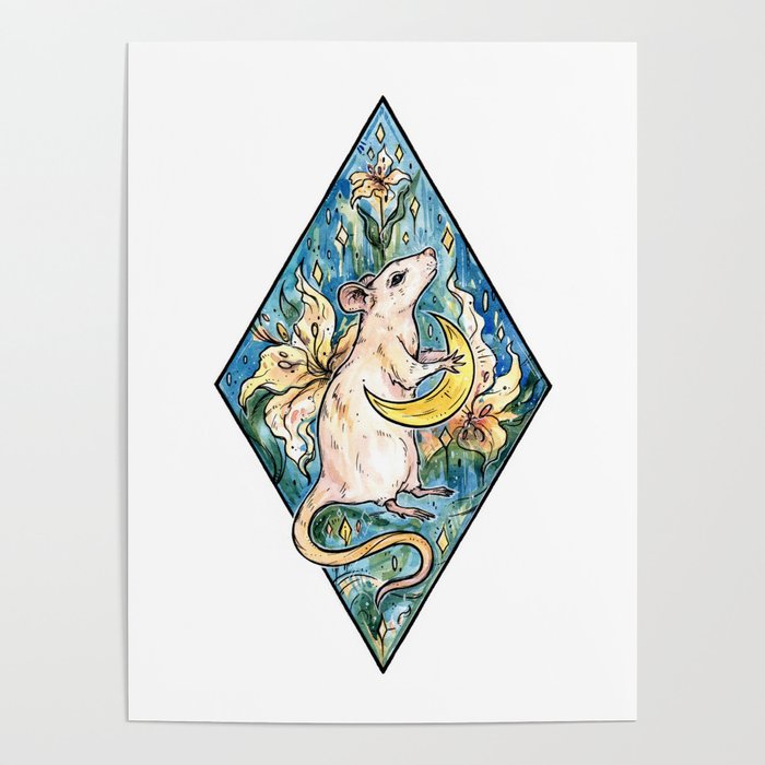 Rat with moon and lily ~ watercolor illustration Poster