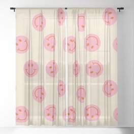 70s Retro Smiley Face Pattern in Beige & Pink Sheer Curtain