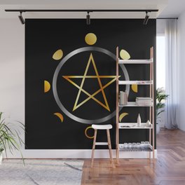 Phases of the moon and golden pentacle Wall Mural